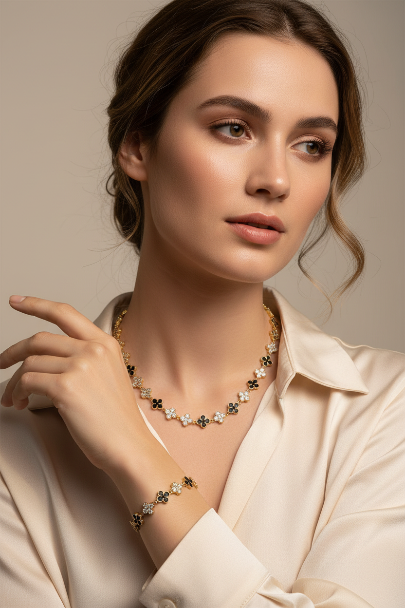 A woman wearing a gold floral necklace and matching bracelet with white and black enamel details, styled with a cream satin shirt against a neutral beige background.