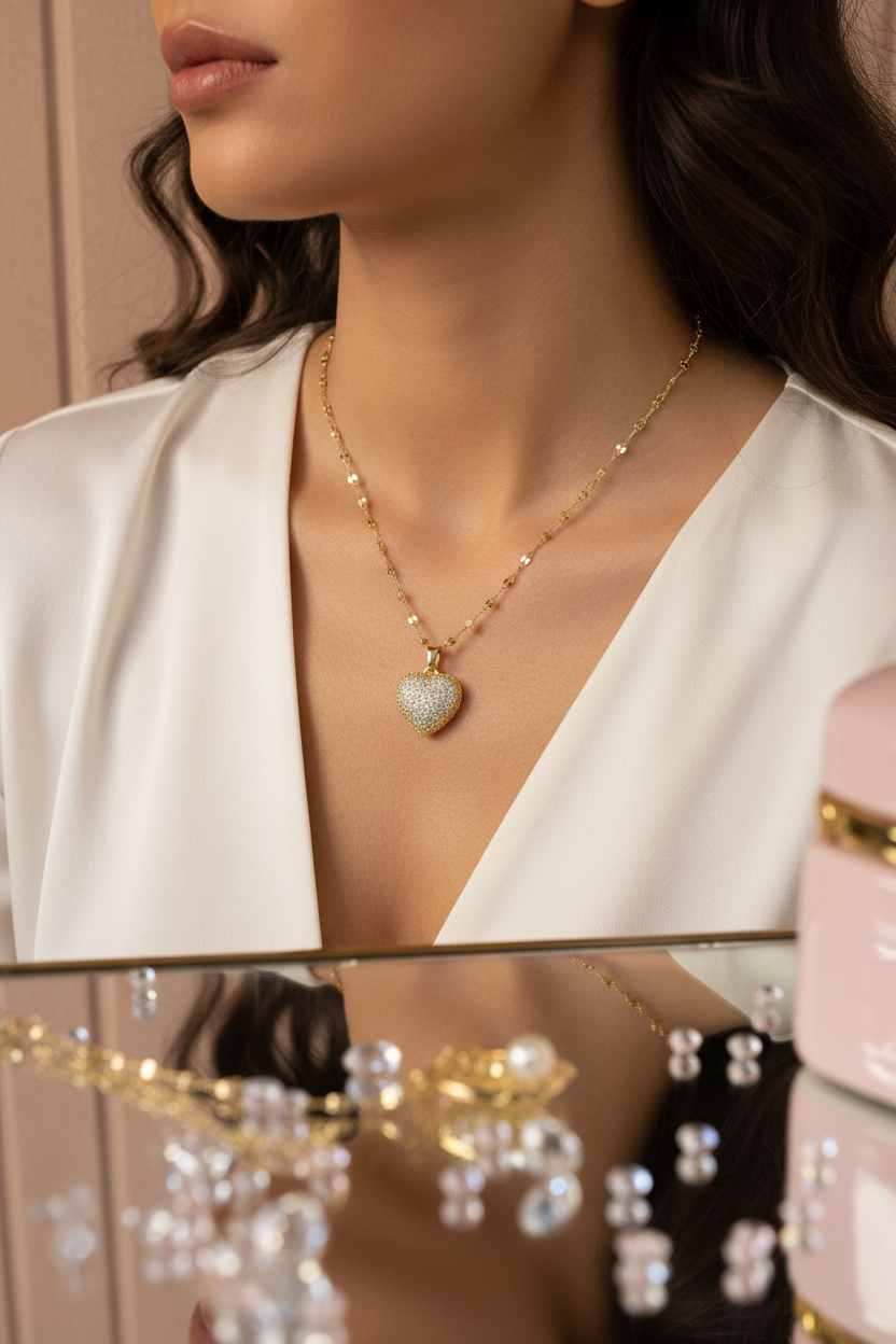 Pearl in Rhinestone Heart Pendant Necklace
