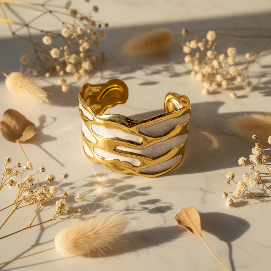 A gold-toned open cuff bracelet with wavy, layered horizontal bands, styled on a light marble surface with dried flowers and grasses in warm sunlight.