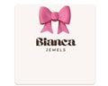 Bianca Jewels card with a pink bow on a white background