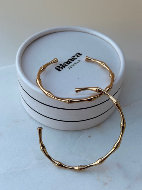 Gold open and adjustable bamboo style bangle on a white jewelry box with 'Bianca' branding.