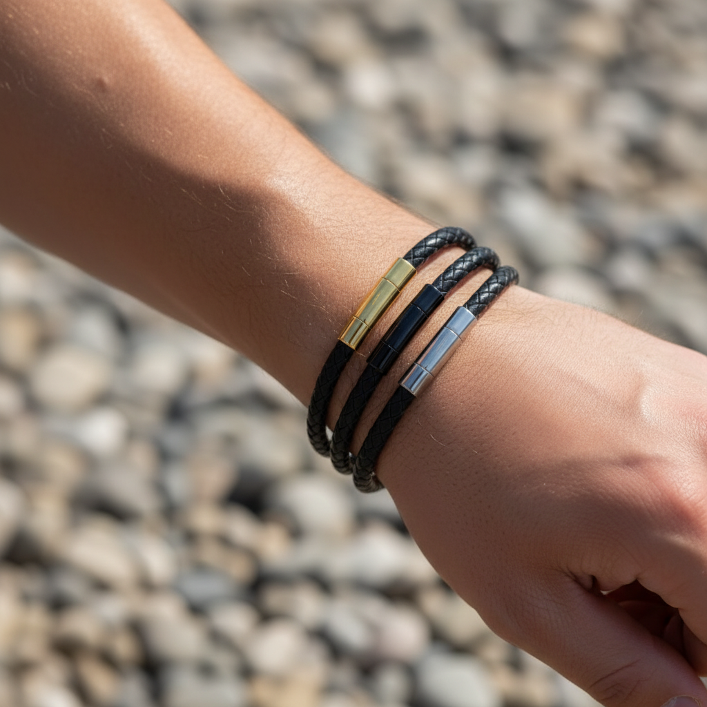 Leather Rope Bangle with Metallic Clasp