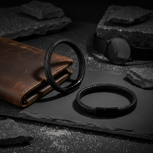 Two black braided leather bracelets, one ring, and a brown leather wallet, arranged on a dark slate surface with black rocks and a black watch in the background.