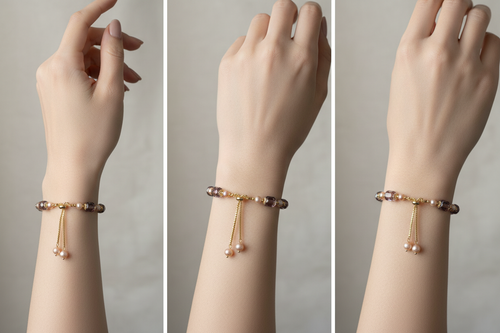 Three-panel close-up of a person's wrist wearing a delicate beaded bracelet with dangling pearl-like charms. The bracelet features small gold-toned beads, pink and brown beads, and two dangling pearl clusters.