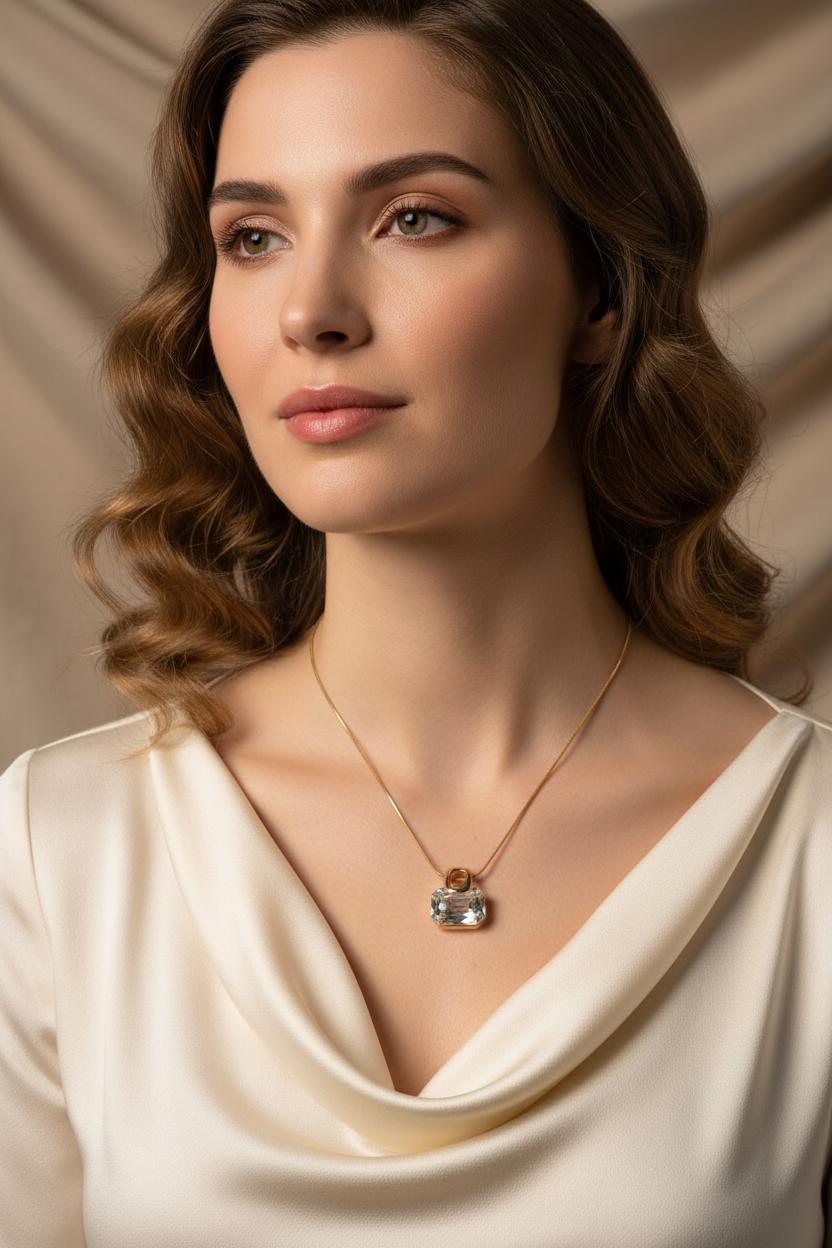 A close-up portrait of a woman with wavy brown hair wearing a delicate gold necklace with a clear faceted pendant, dressed in a cream satin top against a soft beige draped background.
