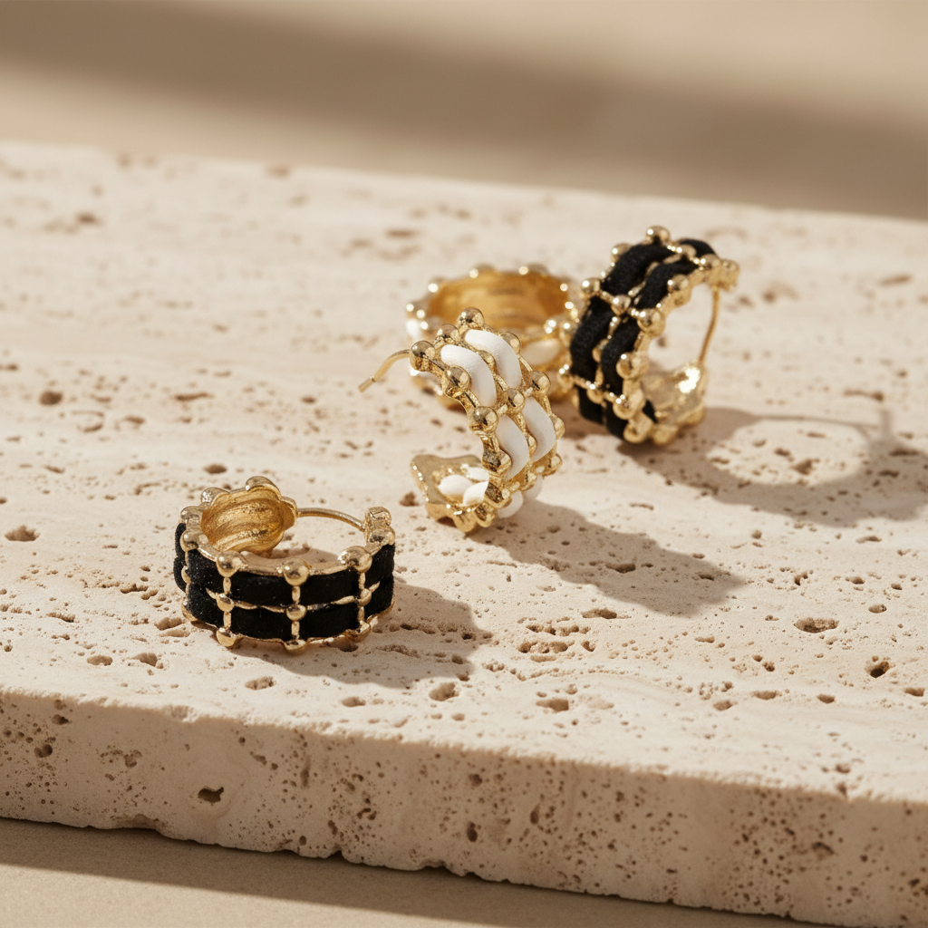 C shaped woven fashion earrings with black and white textured inlay and gold-toned beaded edges, arranged on a beige satin fabric background.